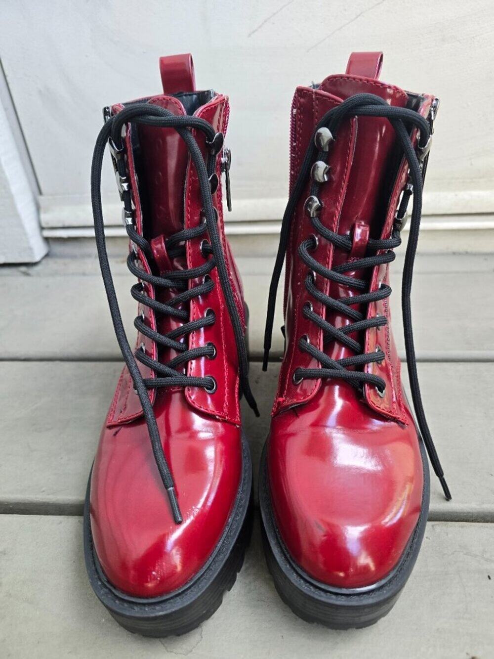 Guess Red faux leather combat boots with a 7-inch shaft